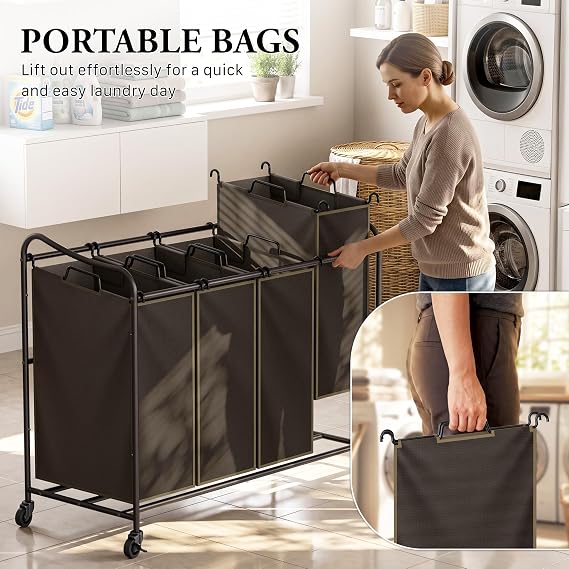 Simple Houseware 4-Bag Heavy Duty Laundry Sorter Rolling Cart, Brown