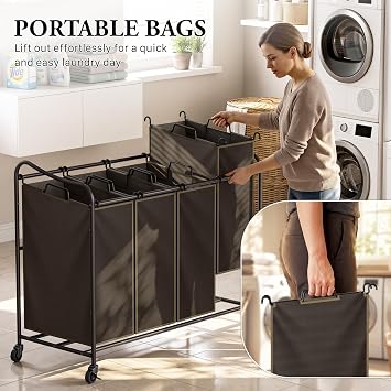 Simple Houseware 4-Bag Heavy Duty Laundry Sorter Rolling Cart, Brown