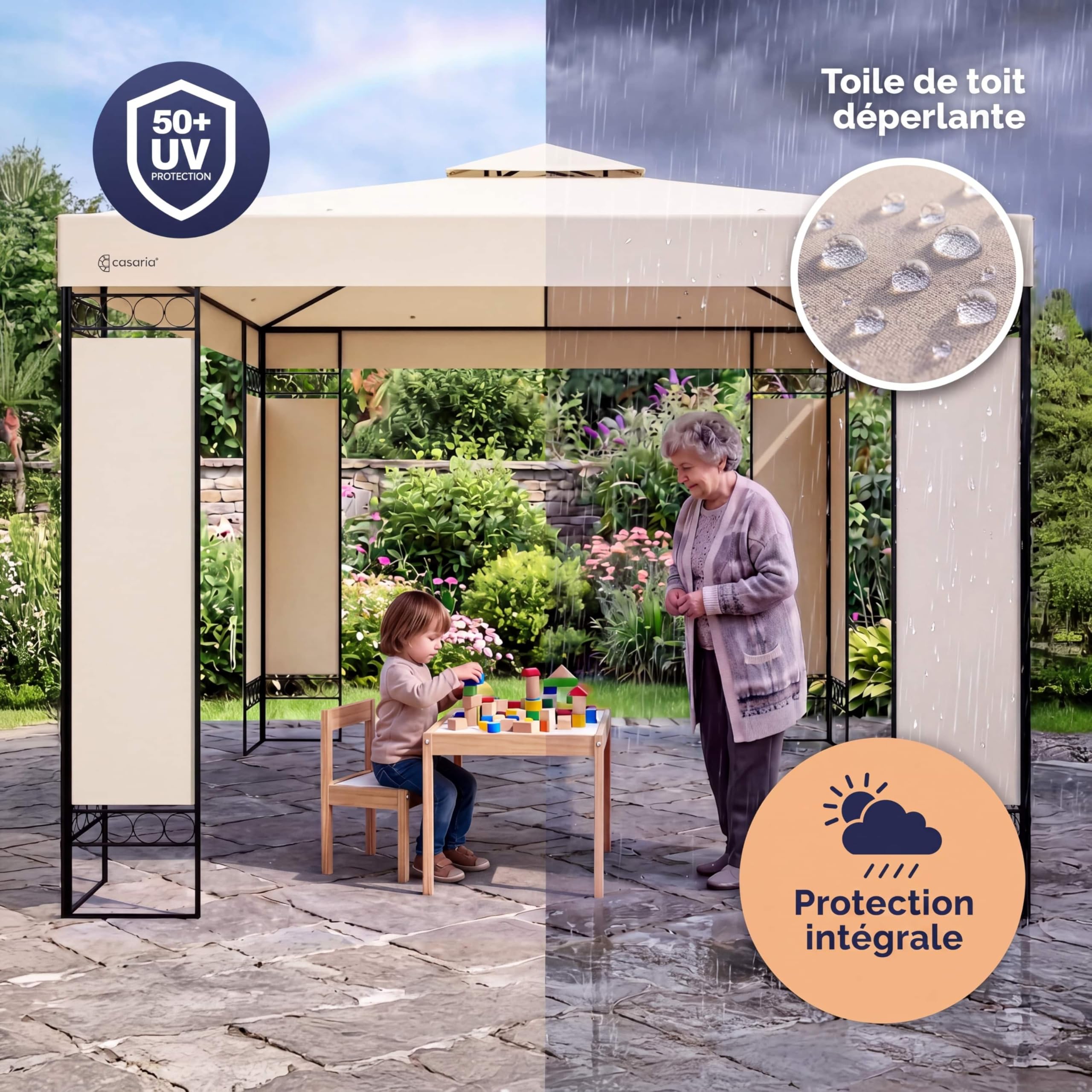 Pavillon Lorca 3x3 m métal Toile Hydrofuge Protection UV 50+ Tente de réception tonnelle de Jardin pergola mobilier extérieur crème