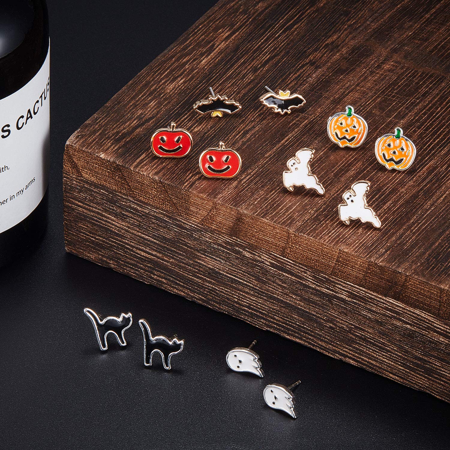 Juego de 6 pares de aretes de Halloween, incluye calabazas, gatos negros, murciélagos, aretes de fantasma para Halloween, Acero inoxidable, Acero inoxidable 7
