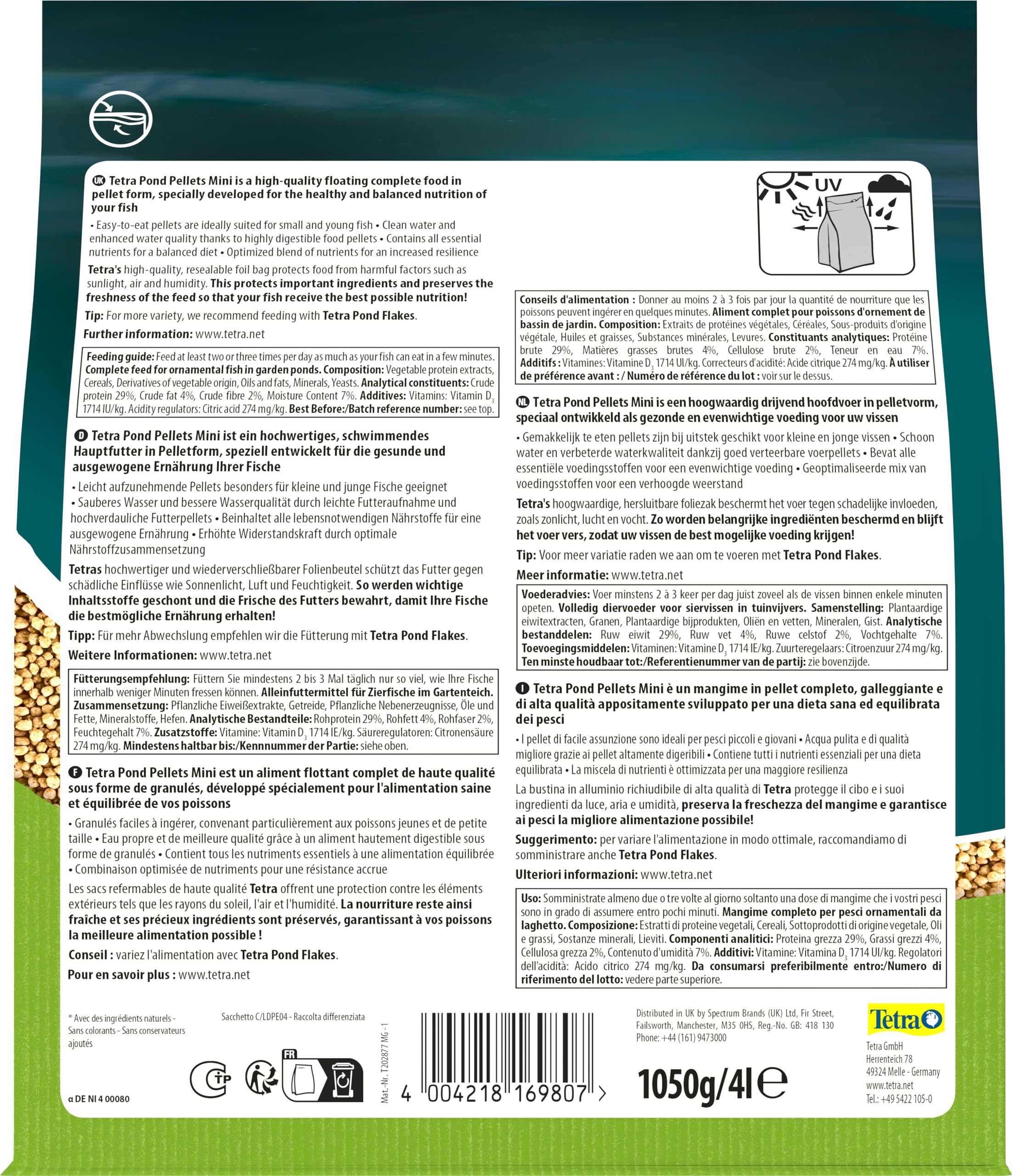 Tetra Pond Pellets Mini - Fischfutter für kleine und junge Teichfische, unterstützt gesunde Fische und klares Wasser im Teich, 4 L Beutel