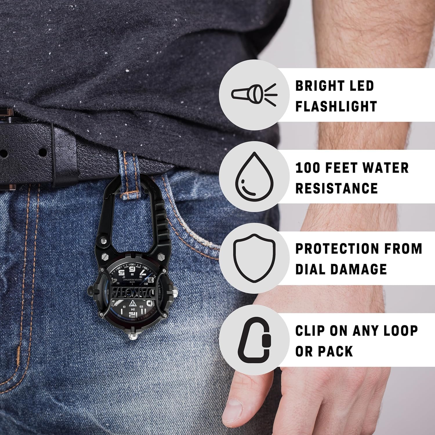 Dakota Mini Clip Microlight Fob Watch clipped to a belt loop, highlighting features like LED flashlight, water resistance, dial protection, and clip-on functionality.