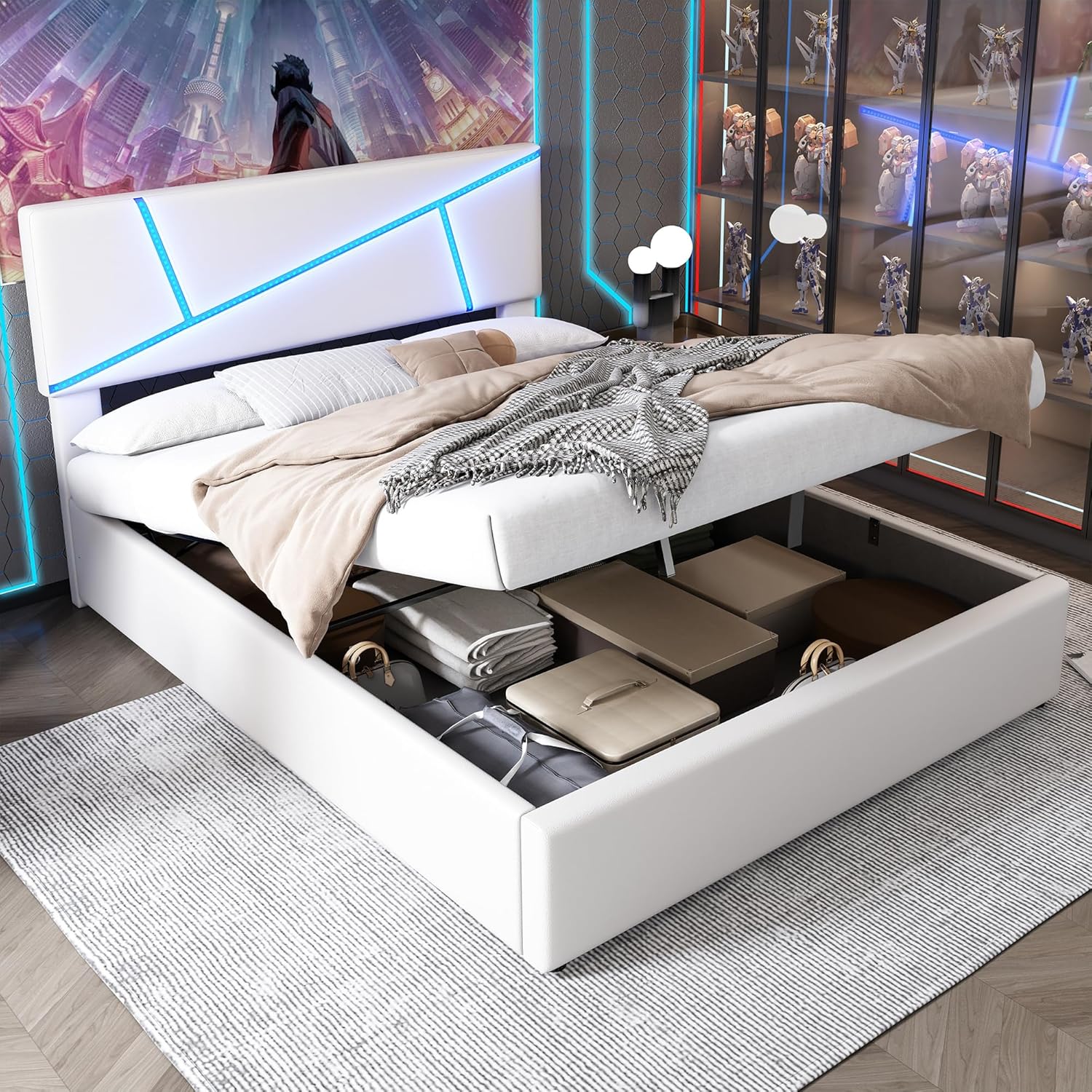 Tkopy Polsterbett 160x200, Doppelbett mit LED-Kopfteil, Bett mit ...