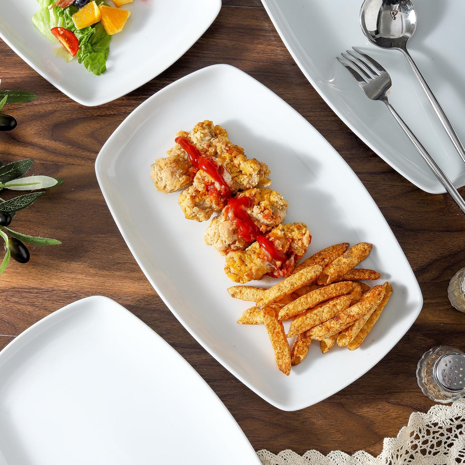 fMBB White Rectangular Plate Set, Ceramic Large Serving Platters, 12 Inch Dessert Trays for Party, Entertaining, Food, Appetizers, Dishwasher and Oven Safe Salad Dishes Set of 4 - Image 7