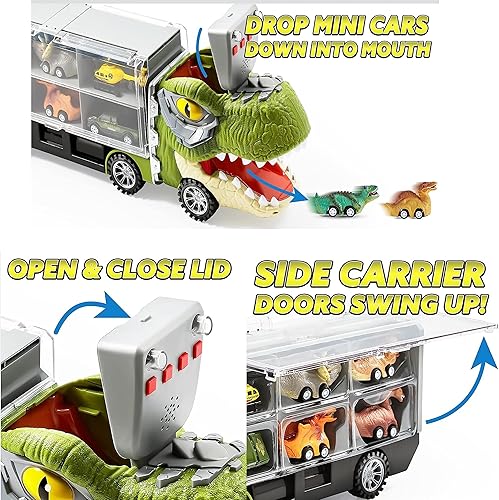Miniatura 5 de NAYAB Camión de dinosaurio para niños, con 12 vehículos de dinosaurio de tracción hacia atrás, helicóptero, con música y sonido rugiente, luces