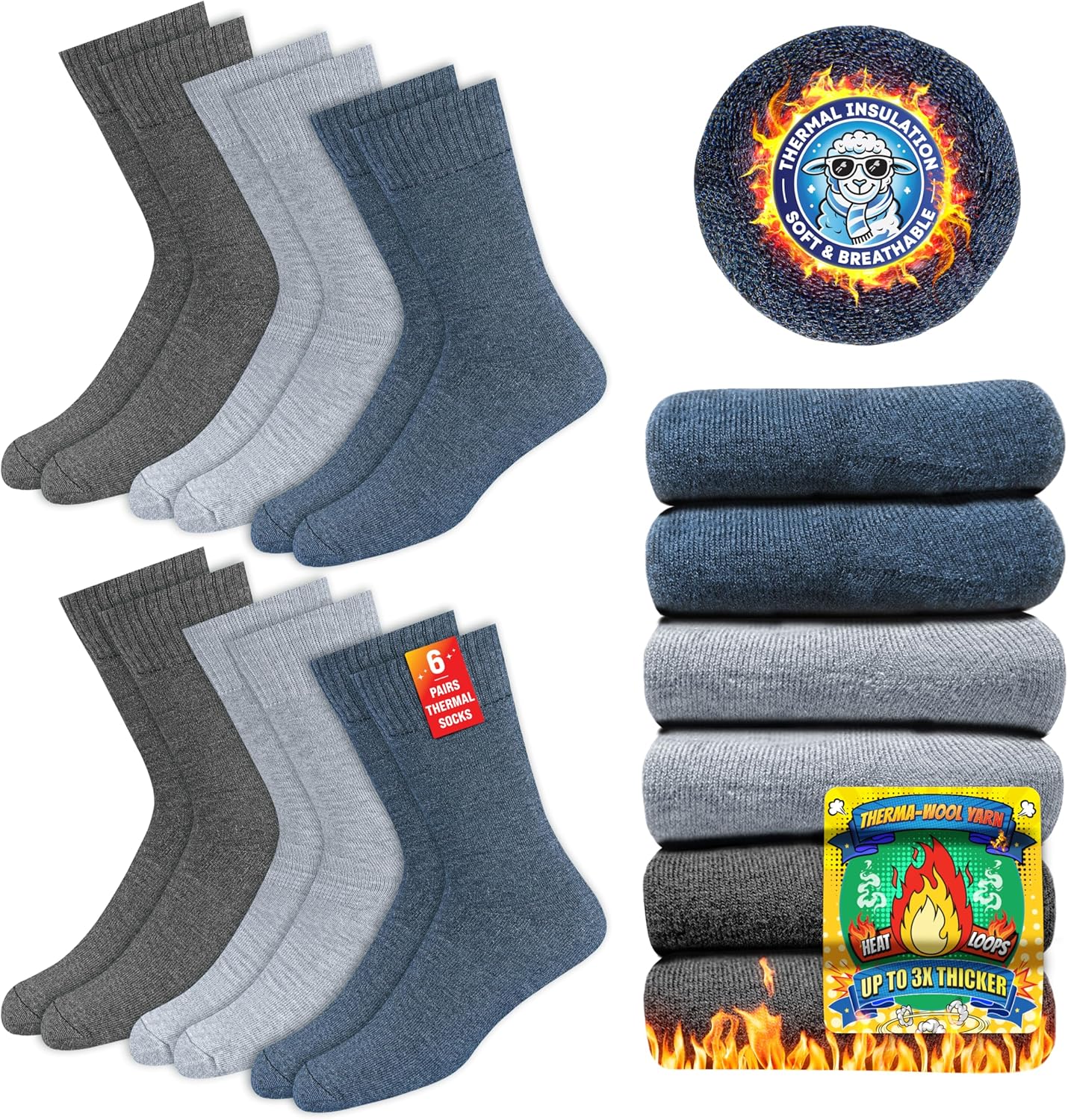 Thermal Socks for Men & Women - Winter Heat Socks, Pack of 6 Pairs
