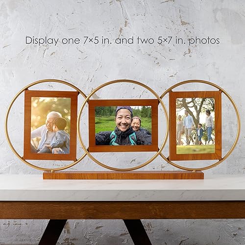 Miniatura 4 de Melannco Collage de fotos de madera y metal de tres aperturas, hecho de metal y madera, acabado dorado y natural, muestra una foto de 7 x 5 pulgadas