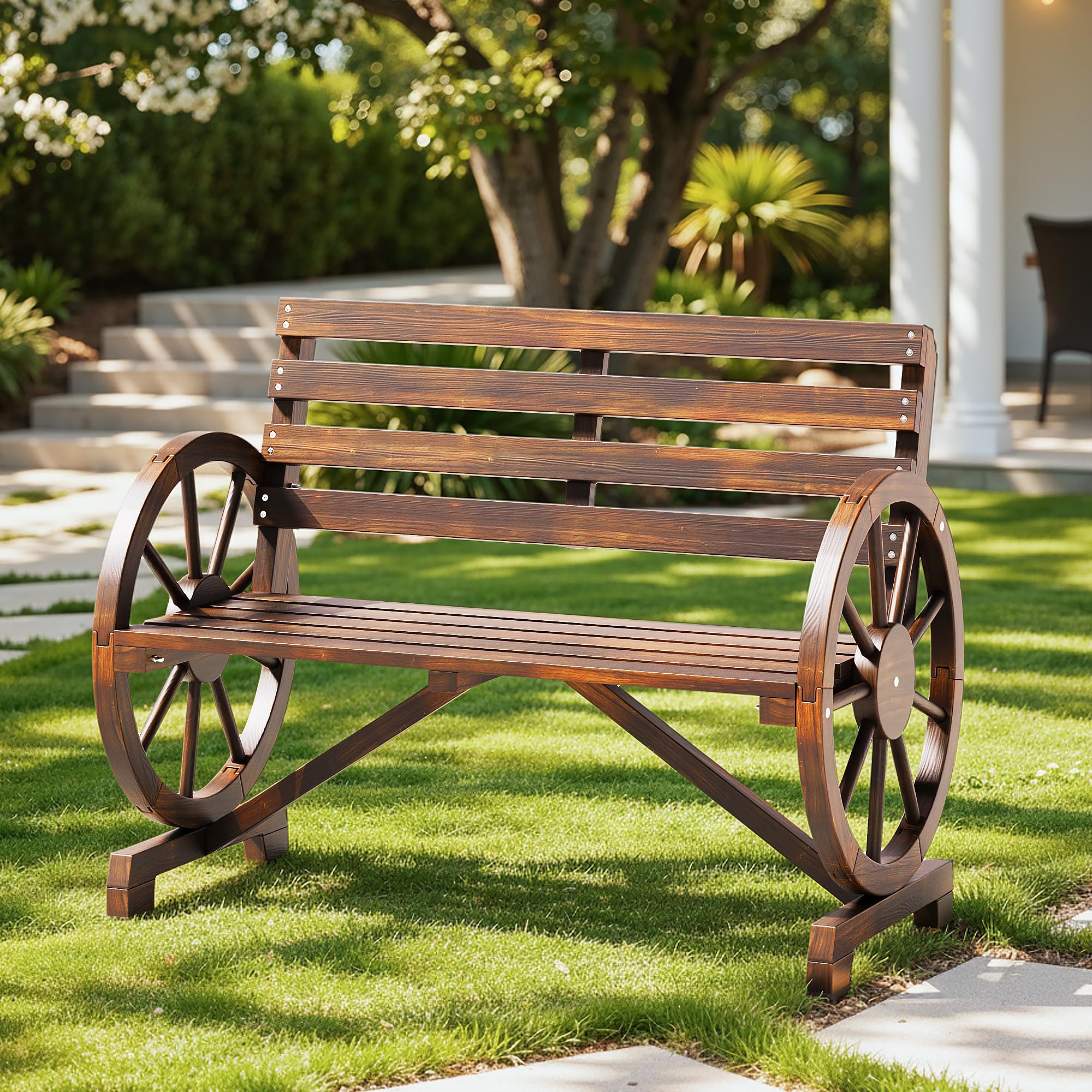 Banco de Exterior 2 Plazas, Madera de Cedro Macizo Resistente a la Intemperie, Reposabrazos en Forma de Rueda, Estilo Campestre, Carga 300 kg, para Patio Jardín Parque, 103x54x78 cm