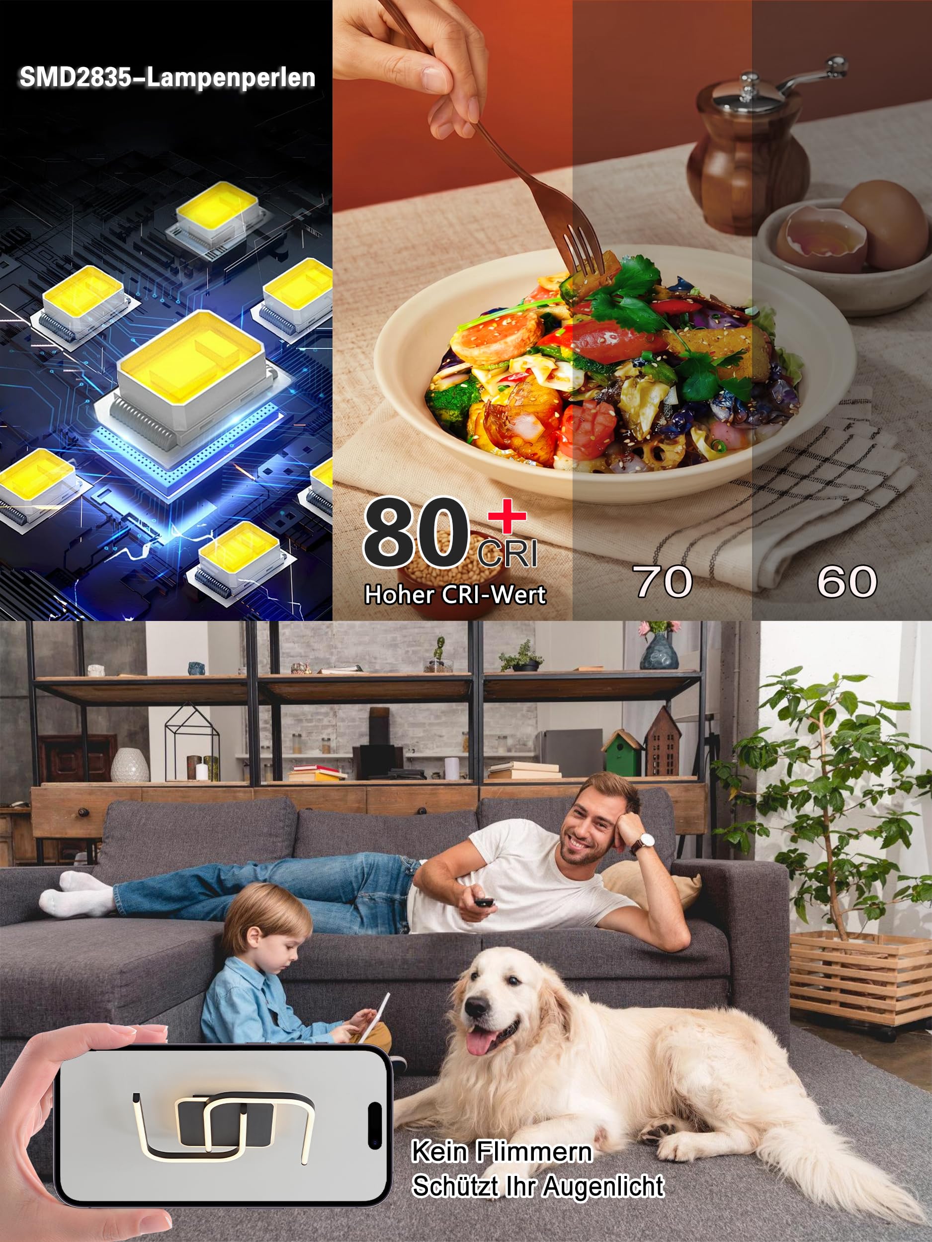 LED Deckenleuchte Dimmbar schwarz S-Form, 32W 40cm 3200lm mit Fernbedienung/Mobile APP, Farbtemperatur 3000-6000K, Helligkeit 3-32W, 3W Nachtlicht, Memory-Funktion, Für Wohnzimmer Schlafzimmer