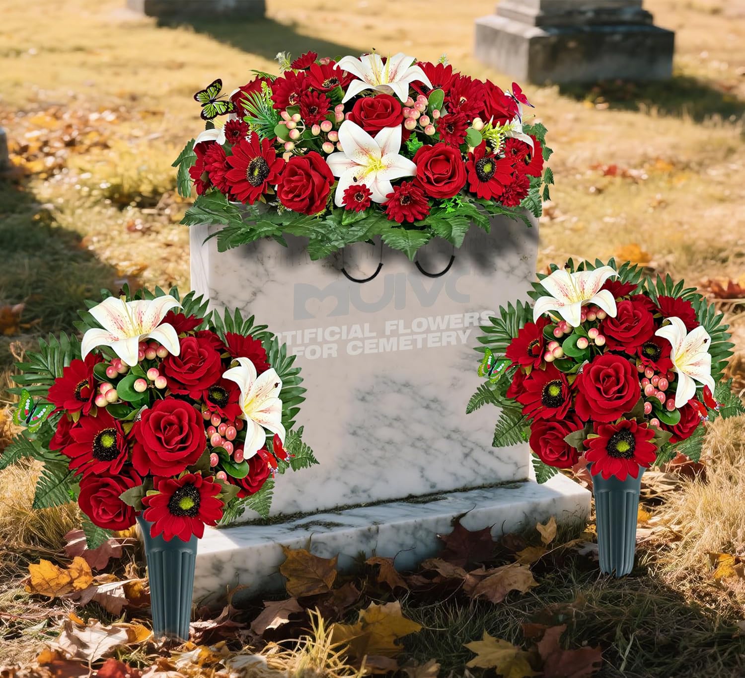 MUVIC Artificial Cemetery Flower Bouquets and Headstone Flower Saddle for Grave,Three-Piece Set:Rose,Sunflower Rose Hibiscus Daisy Berry, Easy Fit and Colorfast