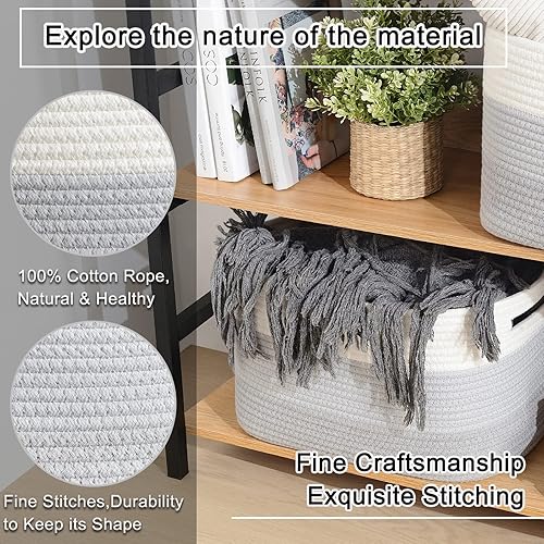 Miniatura 5 de OIAHOMY Cesta de almacenamiento, cestas de almacenamiento para estantes, cestas de cuerda de algodón para almacenamiento, cesta tejida para