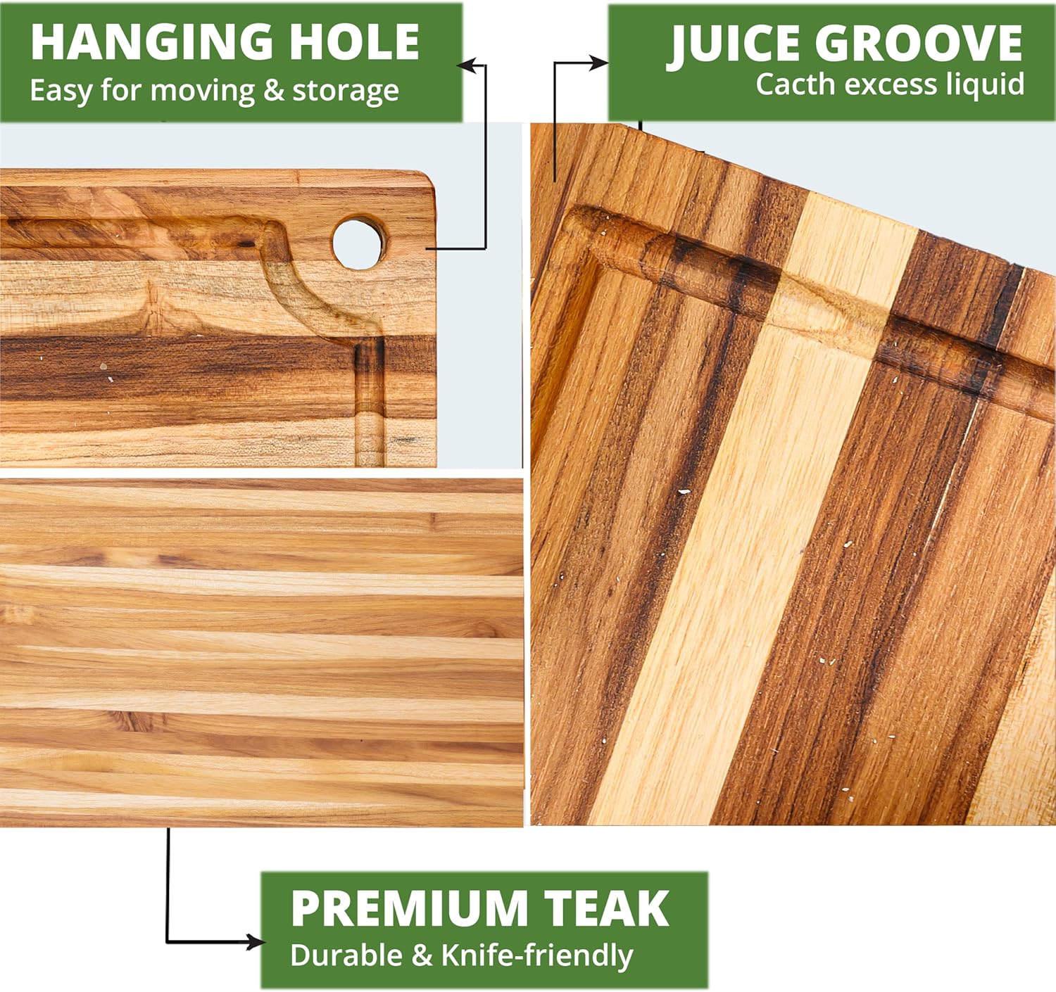 BEEFURNI Small Teak Cutting Board with Juice Groove and Hanging Hole (14x10x0.6"), Durable Wooden Cutting Boards for Kitchen, Chopping & Serving Board, Non Toxic, Christmas Gift for Her