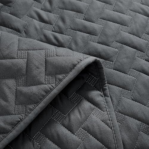 Miniatura 5 de Juego de edredón de 3 piezas de color gris oscuro, tamaño California King, moderno patrón de tejido de cesta, colcha y cubrecamas ultra suaves,