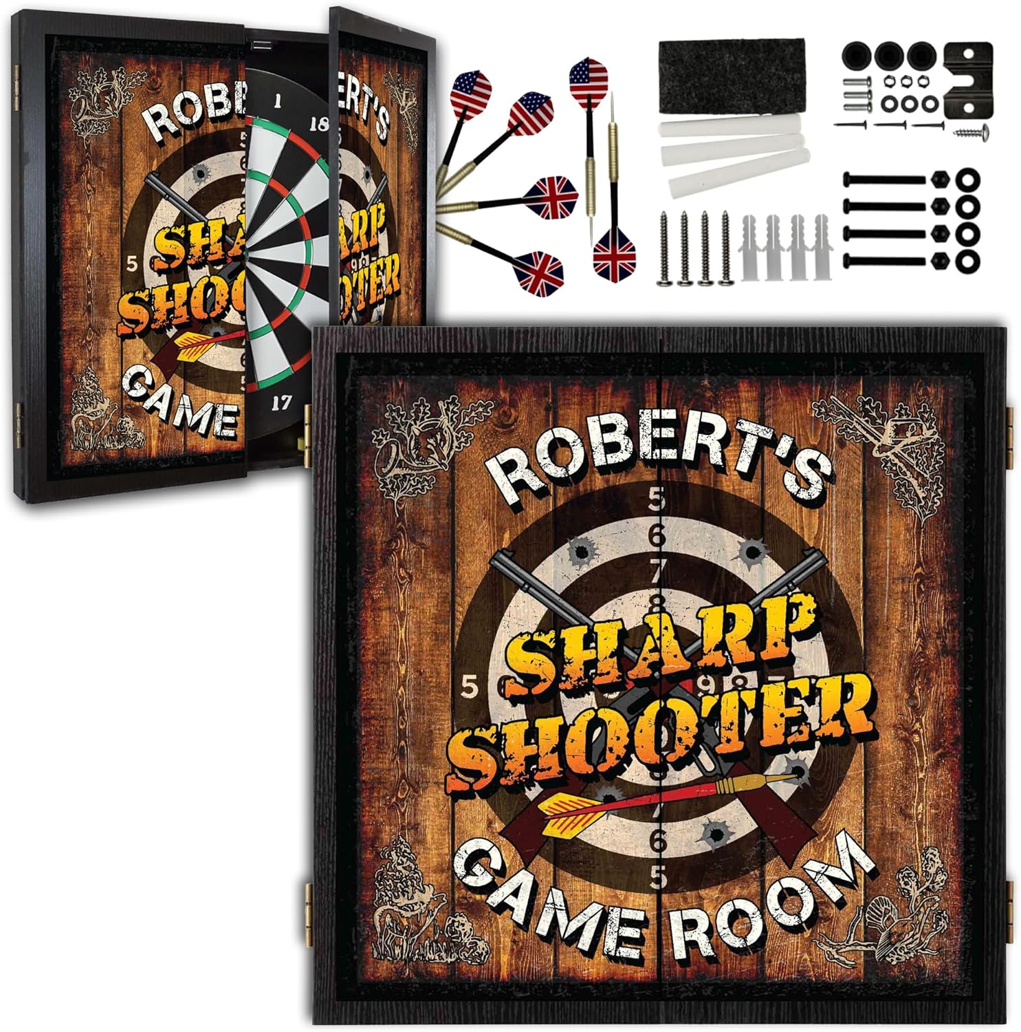 Personalized Dart Board Cabinet Set with 6 Steel Tip Darts, Paper Dartboard, Chalk & Eraser (21.5 x 21.5 x 2.75) - Man Cave Dart Boards for Adults