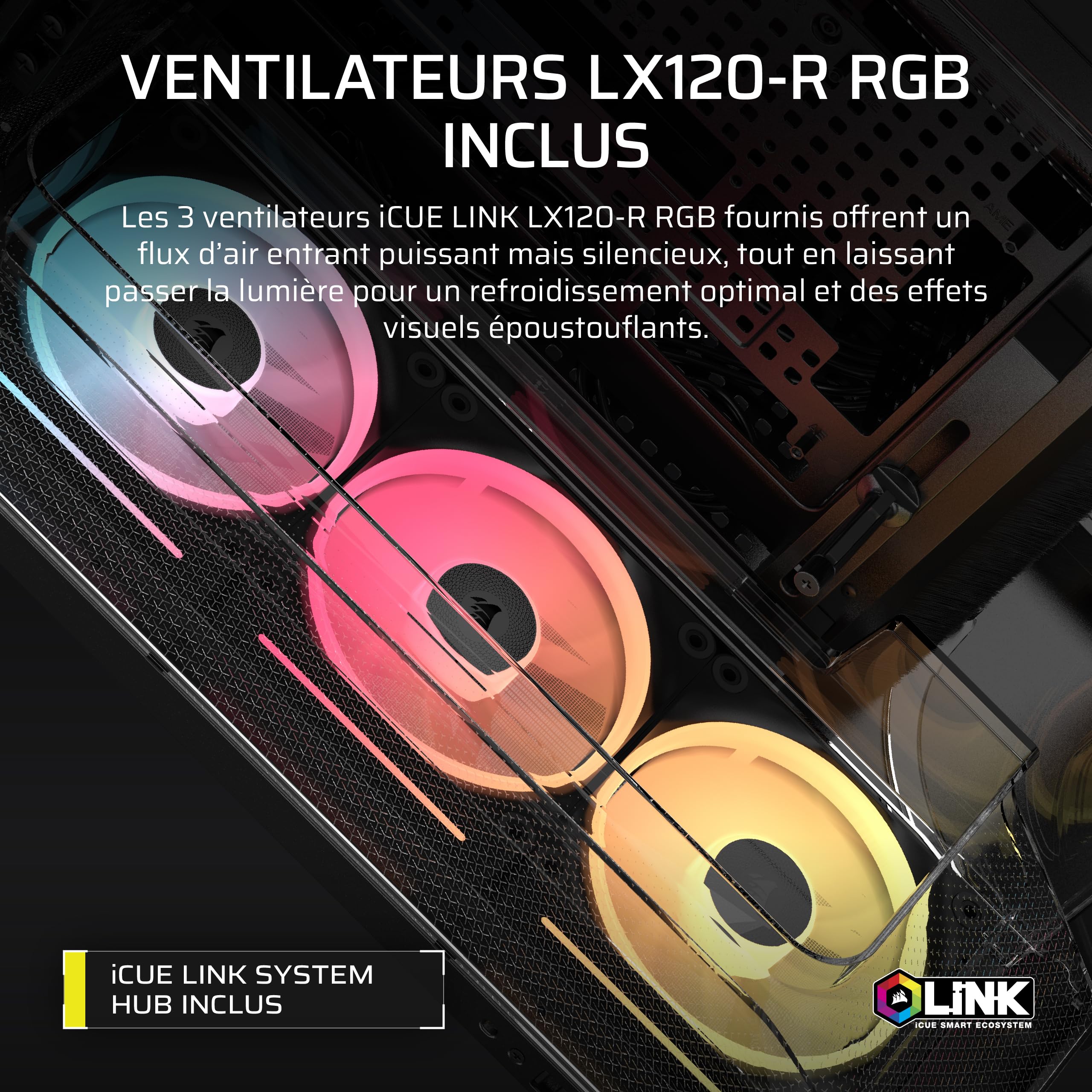 CORSAIR AIR 5400 LX-R RGB iCUE Link Boîtier PC Triple Chambre – Noir | 3x Ventilateurs RGB LX-R Inclus, Panoramique, Chambre Isolée pour AIO 360mm, Compatible Mères À Connexion Inversée