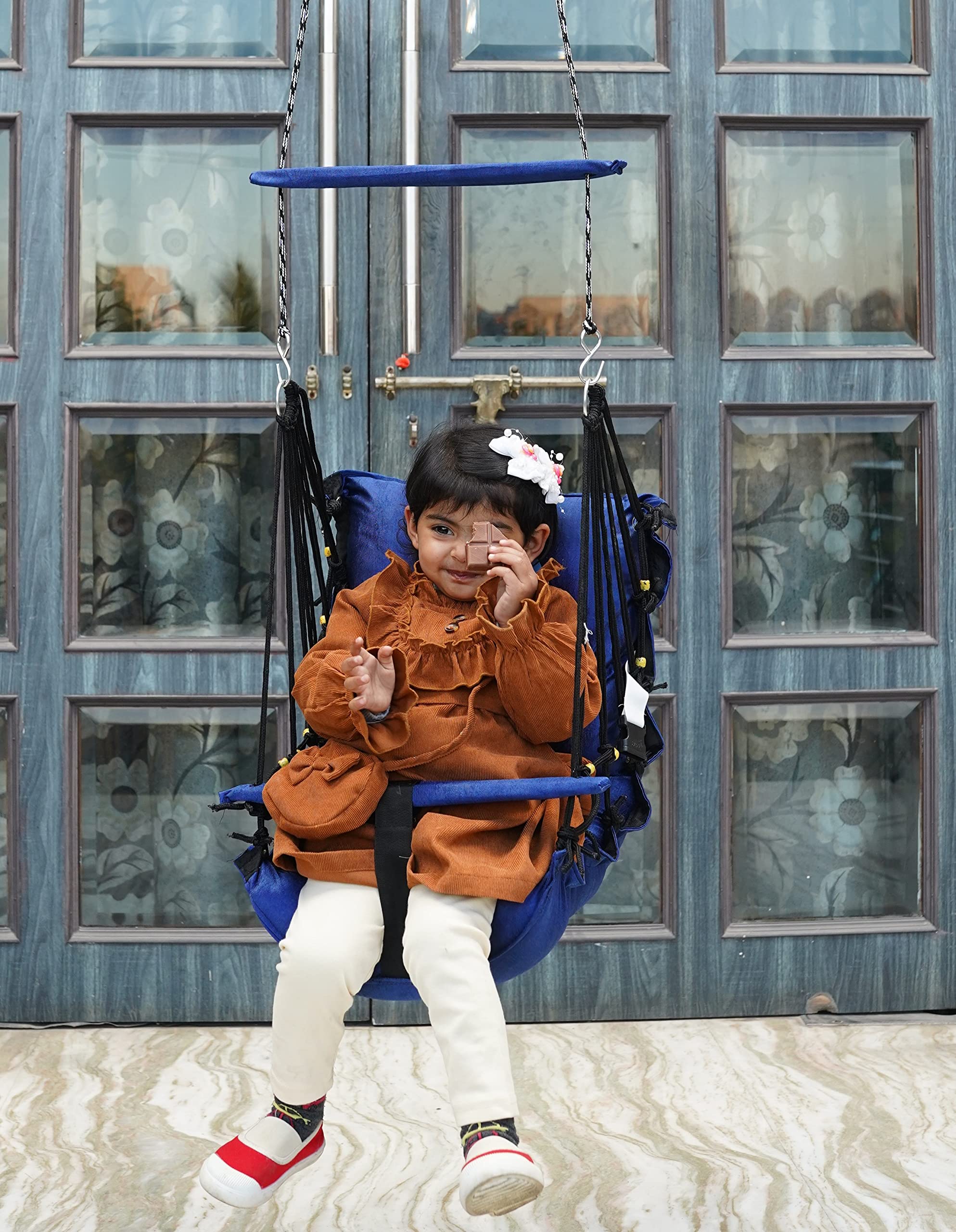 Patiofy Baby Jhula Swing - Hanging Indoor & Washable, Ideal For 1-5 Years With Safety Belt - Blue Metal, 15 Cm