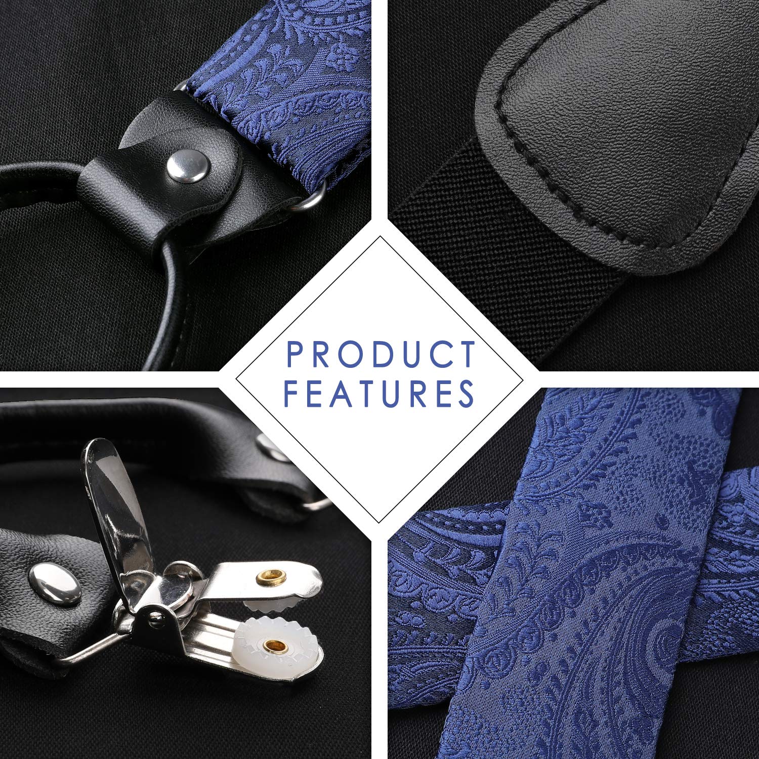 HISDERN Bretelles Homme avec 6 Clips Extra Résistants Élastique en Forme de Y Longueur Réglable Bretelle et Pre-Noue Noeud Papillon Poche Carre Ensemble Homme Pour Fête Mariage