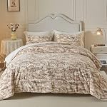 Wajade Marble Print Faux Fur Comforter Set Super Soft Fluffy Bedding Comforter Set Shaggy Furry Plush 3Pcs Bedding Set for All Seasons (Marbled Beige,Full Size)