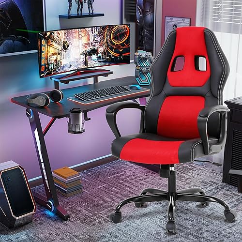 Miniatura 2 de Silla Gamer - Silla ergonómica de masaje para juegos, estilo de carreras de cuero, cómoda para adultos y niños, color rojo