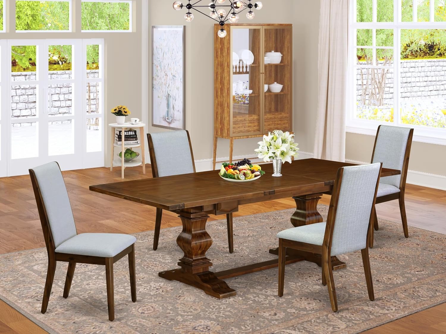 East West Furniture ALALA5-88-05 5 Piece Kitchen Table Set for 4 Includes a Rectangle Removable Leaf Dining Table and 4 Grey Linen Fabric Upholstered Chairs, 42x92 Inch, Walnut