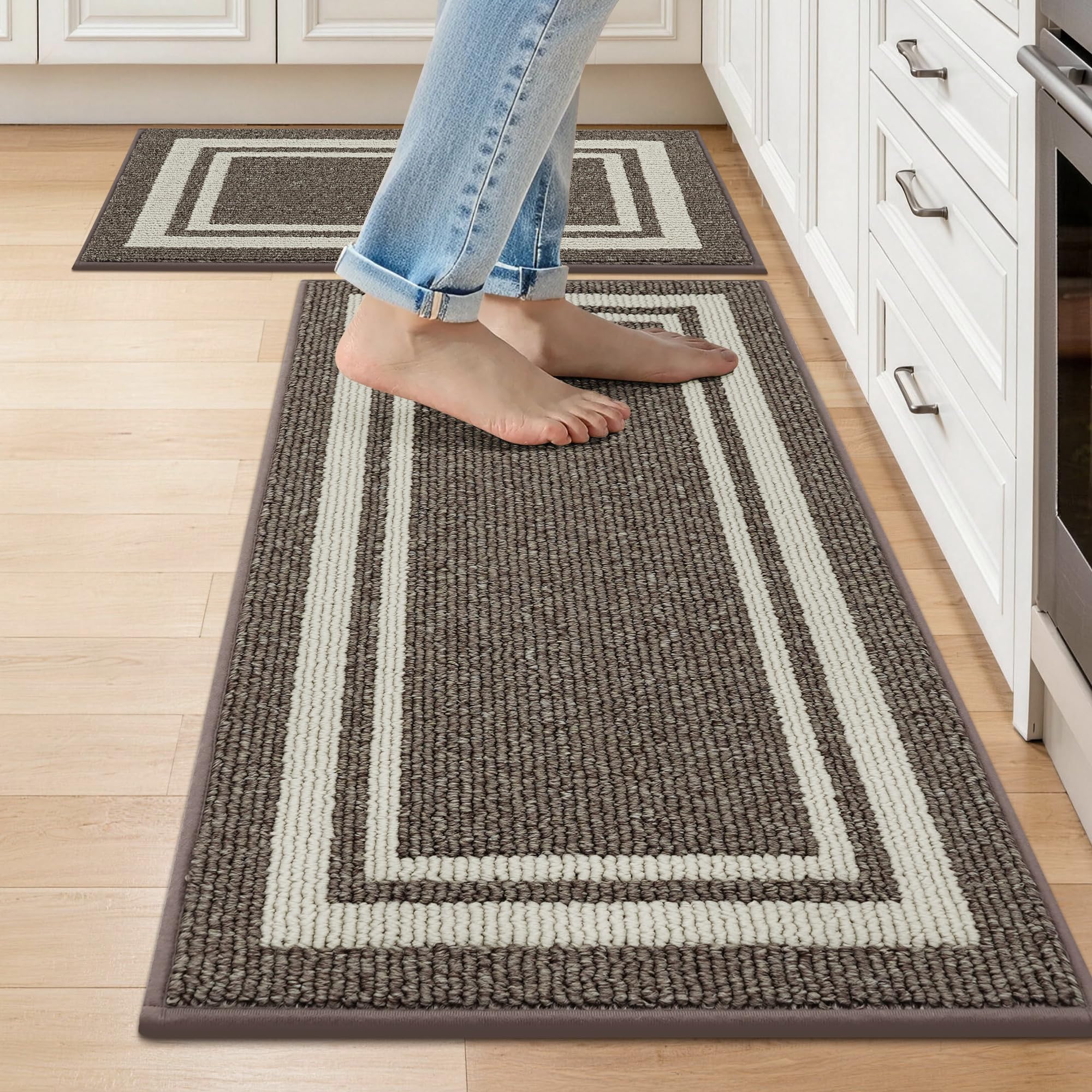 Tapis de cuisine épais et moelleux cadre marron lot de 2 pièces