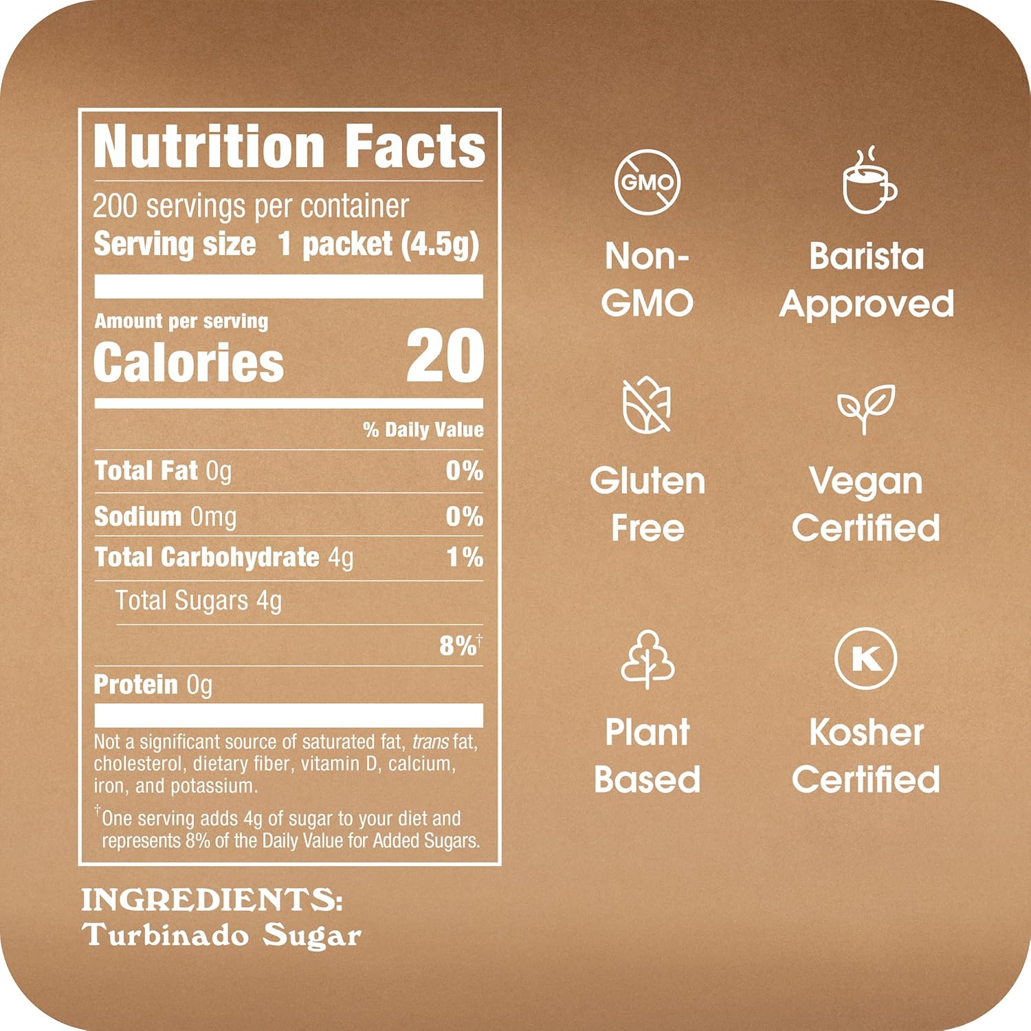 Sugar In The Raw Turbinado Cane Sugar Packets, 200 Ct Box, 2 Pack, Pure, All-Natural Turbinado Sugar, Non-GMO Project Verified, Kosher, Vegan and Gluten Free