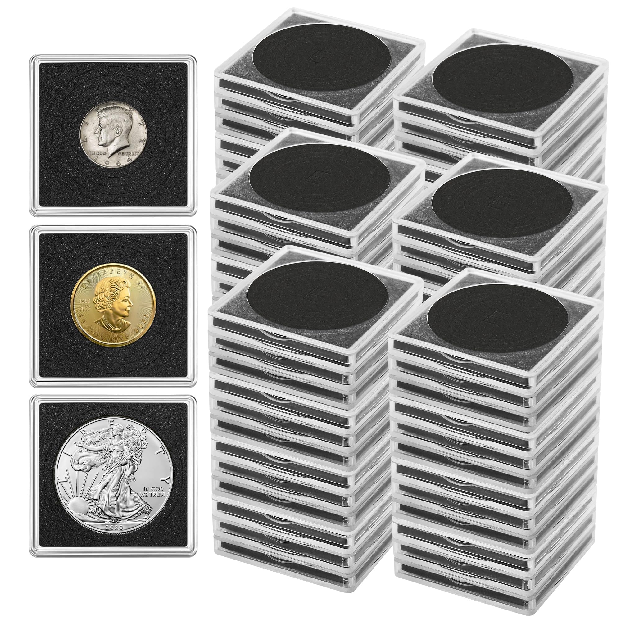 60 Pcs Coin Holders for Collectors, Clear Coin Cases with 5-Size Sponge Gaskets 20/25/30/35/40mm, Plastic Coin Slabs and Coin Protectors for Silver