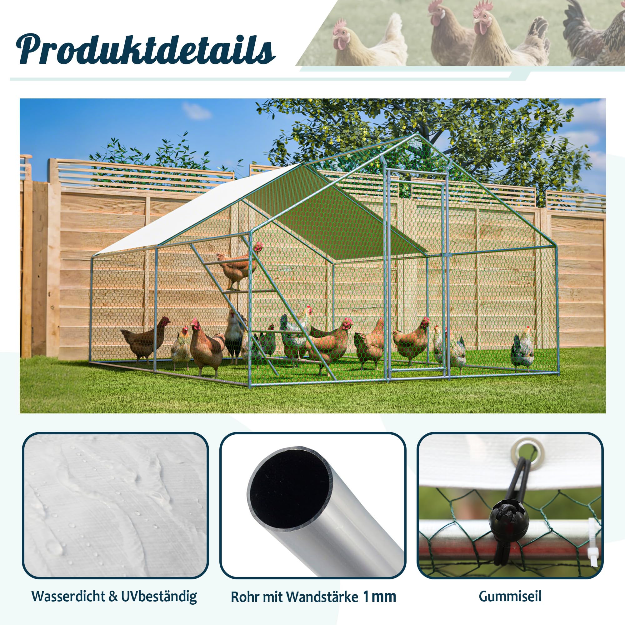 Gallinero de 3x4 m con Percha y Cierre de Seguridad - Lona Impermeable con protección UV, Tubos de Acero Reforzados de 1 mm, Conexiones Antideslizantes - Ideal para gallinas, Palomas, Patos y Pavos.