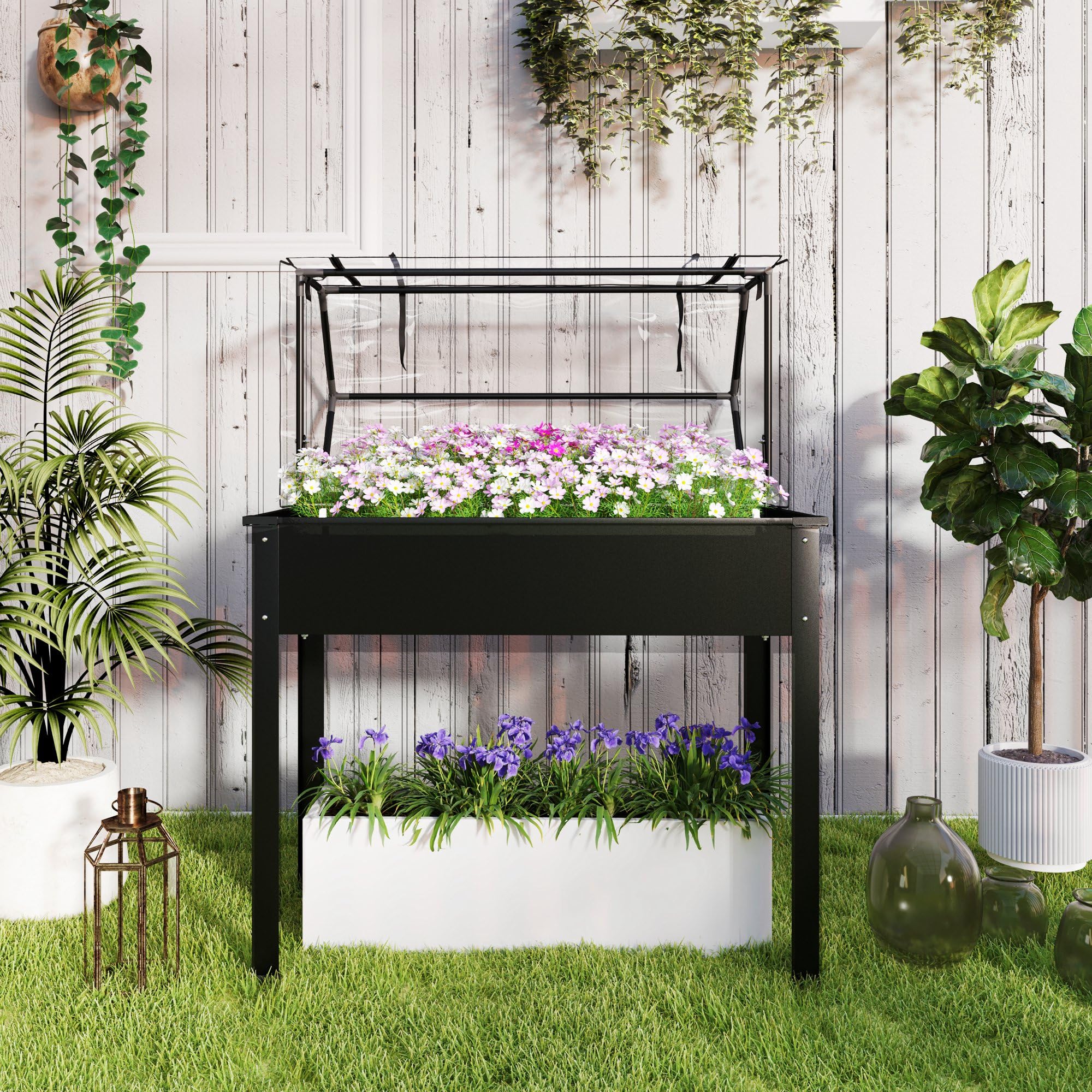 Outsunny Hochbeet mit Abdeckung Wetterbeständig 100 x 48 x 124 cm Schwarz