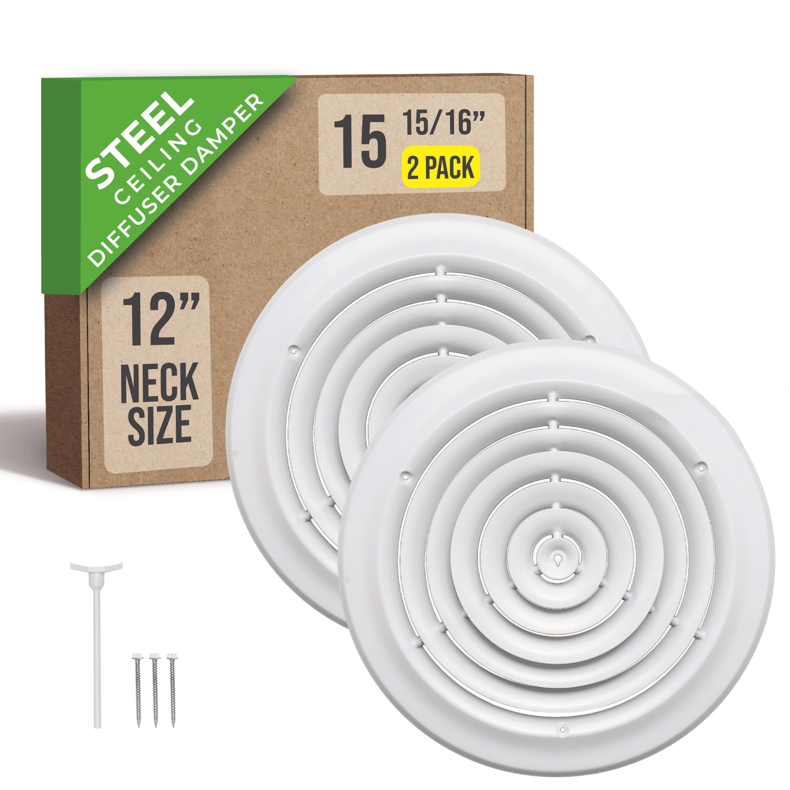 2 Pack of Handua 12" [Neck Size] Steel Round Air Supply Diffuser for Ceiling - White - Outer Dimension: 15-15/16"