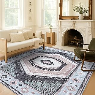 Waschbarer Teppich Modern Bauernhaus Vintage Türkisch Böhmisch Used-Look Orientalisch Traditionell Teppiche für Wohnzimmer Esszimmer Schlafzimmer Büro Eingangsbereich Foyer (856BlckGry, 7'12.7 cm x