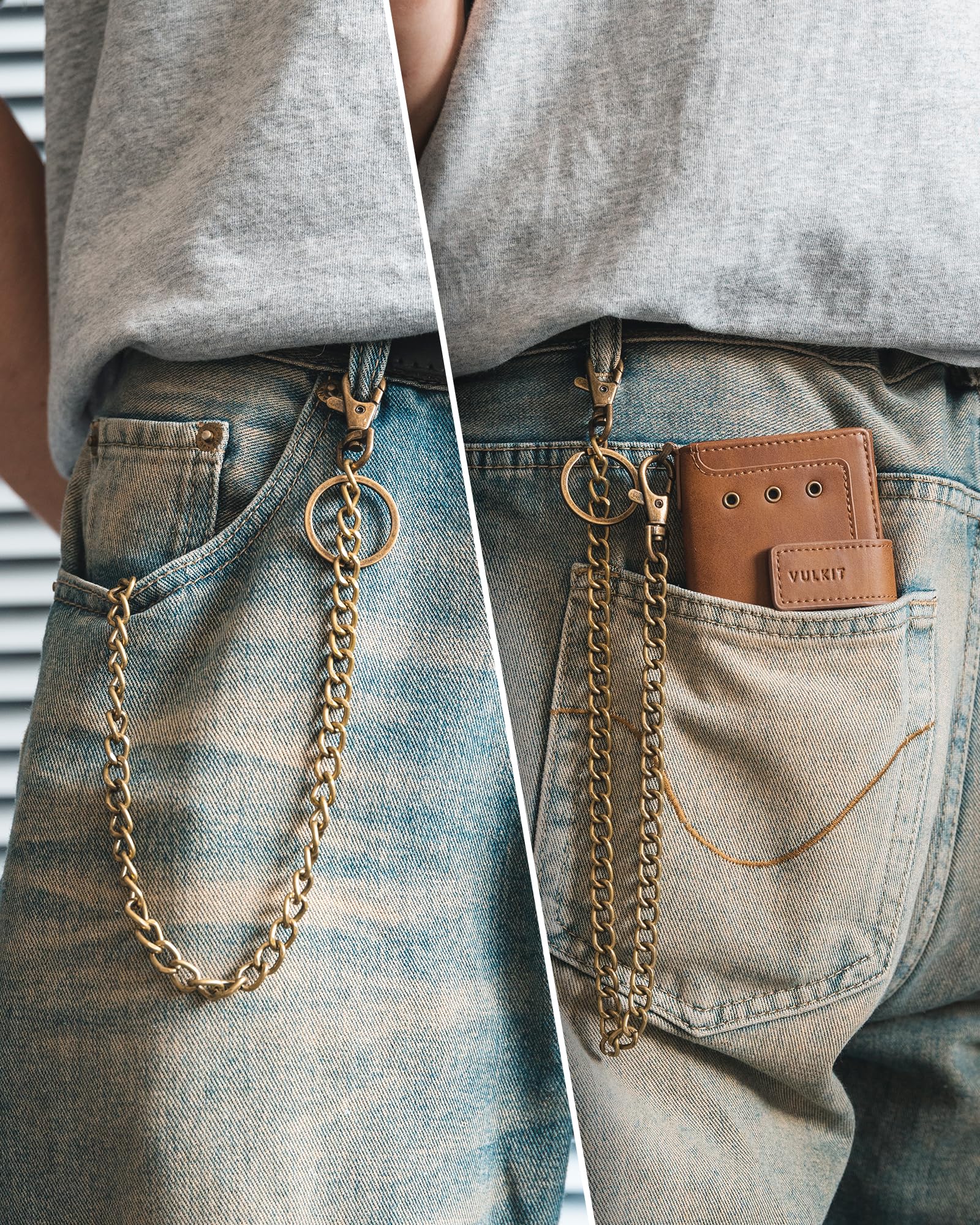VULKIT Cartera Hombre con Cadena, Tarjetero Aluminio Pop UP Protección RFID, Ventana ID, Bolsillo Cremallera y Compartimento para Monedas y Billetes, Marrón