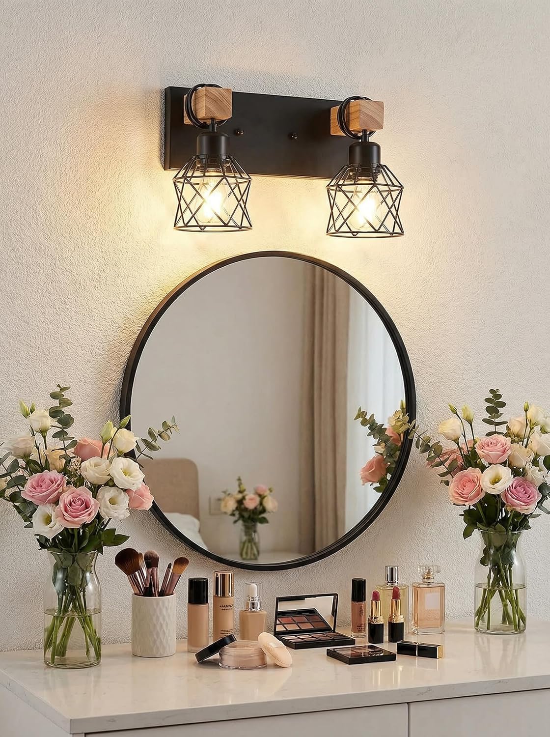 2-Light Farmhouse Vanity Light Fixture, Wood Bathroom Light Fixtures Over Mirror, Industrial Black Vanity Light with Metal Lampshade for Bedroom Hallway Living Room