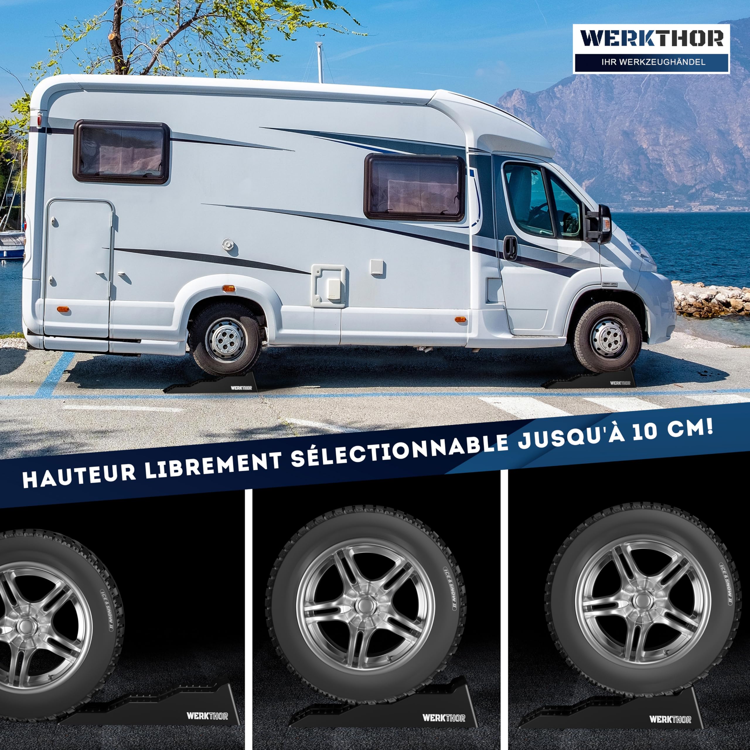 WERKTHOR Cales pour Camping-Car 3 Niveaux [Jeu de 2 – Noir] | Cale pour Camping Car et Camping-Car | Rampe Camping Car de Nivellement | Cale Roue Caravane Van Aménagé | Jusqu’à 5 Tonnes | Sac Inclus