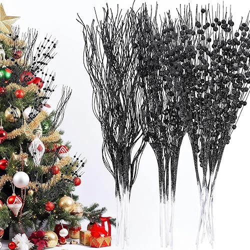 Miniatura 8 de 36 piezas de palitos de cuentas artificiales con purpurina para árbol de Navidad, adornos de tallo de bayas de 15.7 pulgadas, ramas brillantes para