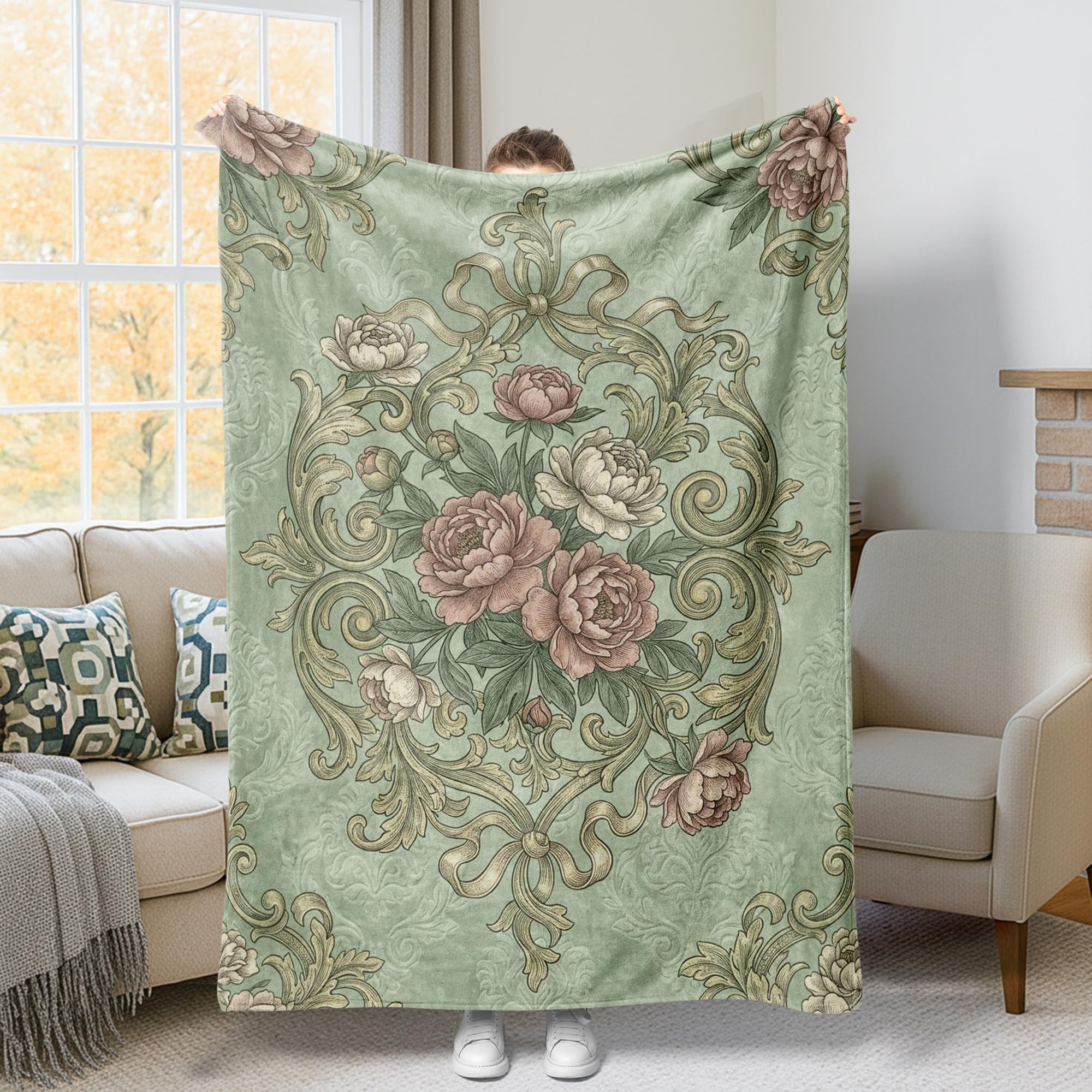 Jeté de lit en molleton haut de gamme grand confort rose et vert