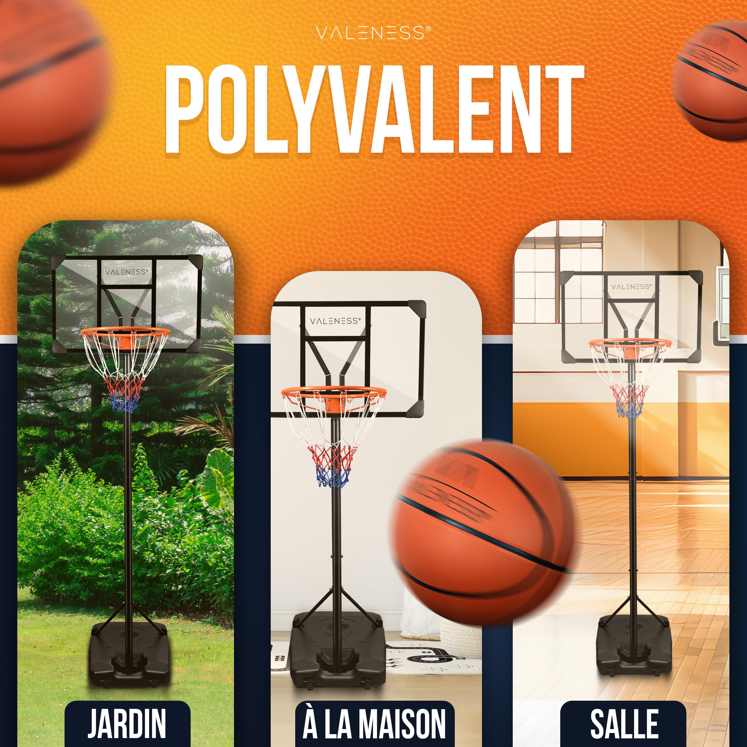 VALENESS® Panier de Basketball extérieur réglable [135-305 cm] - résistant aux intempéries, avec Ballon et Pompe – pour Enfants et Adultes
