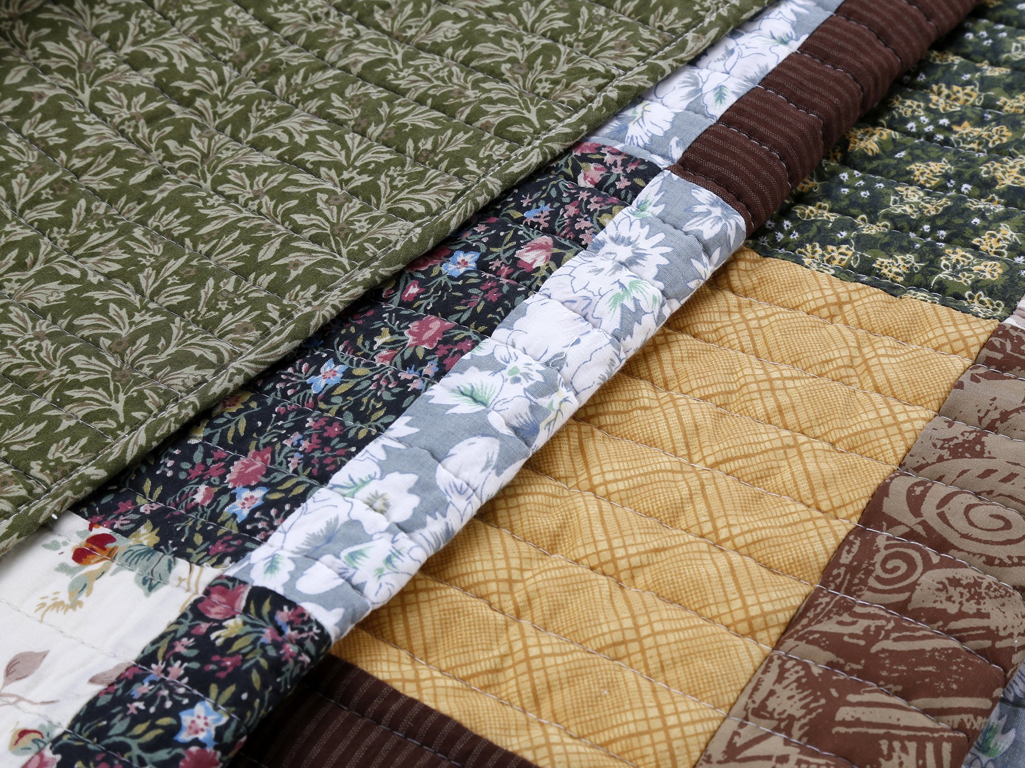 Cozy Line Home Fashions Andy Brown Olive Mustard Yellow Black Real Patchwork Quilt Bedding Set