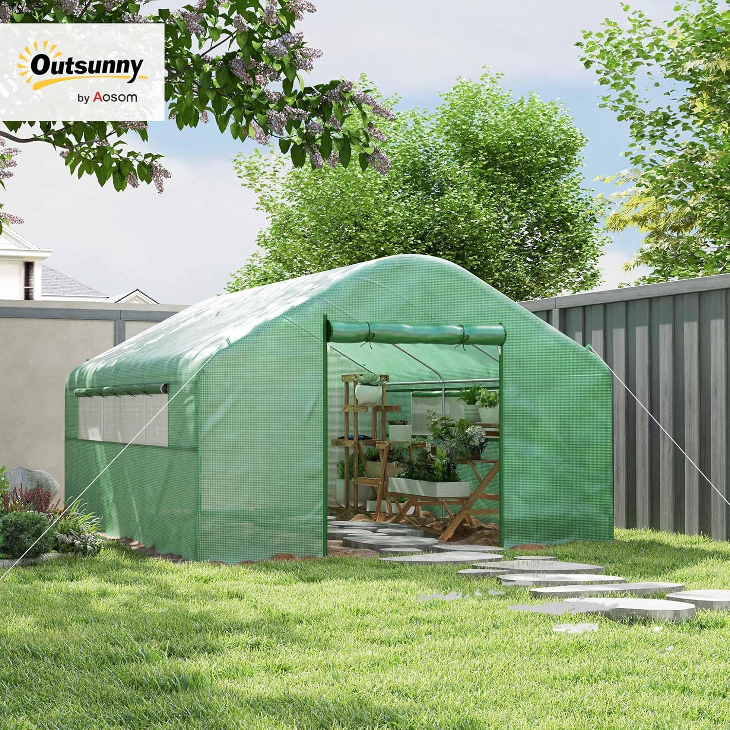 Outsunny 13' x 10' x 6.5' Hoop House Greenhouse with Large Windows and Zippered Door, Large Walk-in Tunnel Green House with Upgraded Galvanized Steel Frame, PE Cover, Gardening Plant Hot House, Green