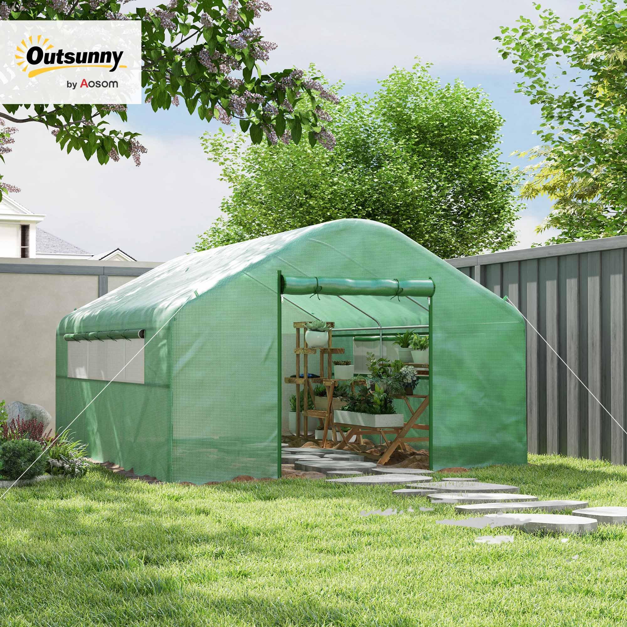 Outsunny Invernadero de Exterior 4x3x2 m Invernadero de Túnel con 2 Ventanas Cubierta de PE Anti-UV y 1 Puerta Enrollable con Cremallera Invernadero para Jardín Patio Verde