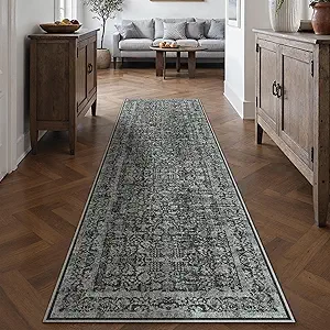 Dark Black Runner Rug 2x8 Hallway Machine Washable Kitchen Vintage Distressed Non Slip Long Carpet Indoor Retro Floral Bedroom Accent Throw Rug for Bathroom Office Laundry Dining Room