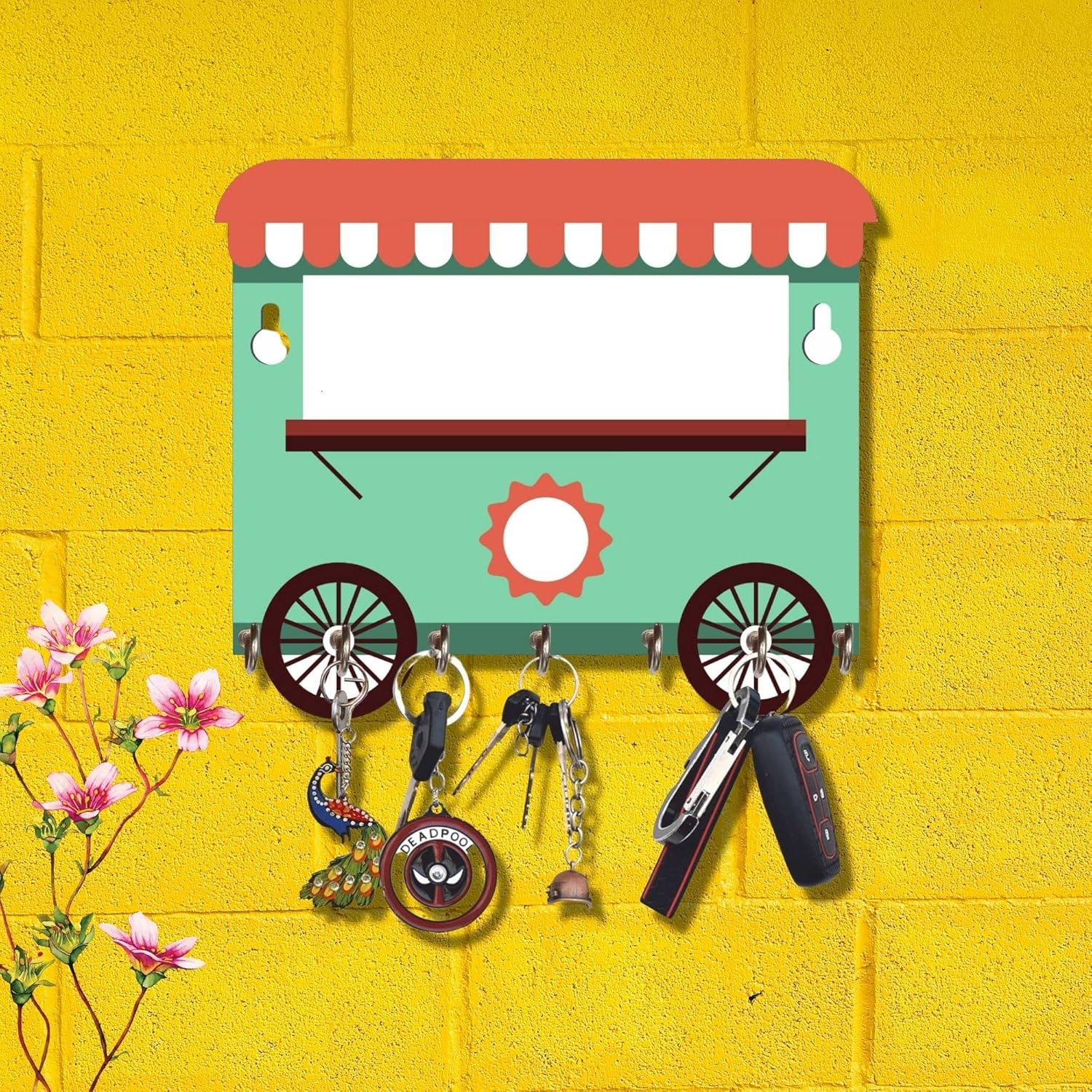 Webelkart Premium HD UV Printed Retro Food Cart Shaped Keys Wooden Key Holder (12 Inch x 10 Inch, Wood, Multicolor)- 7 Hooks