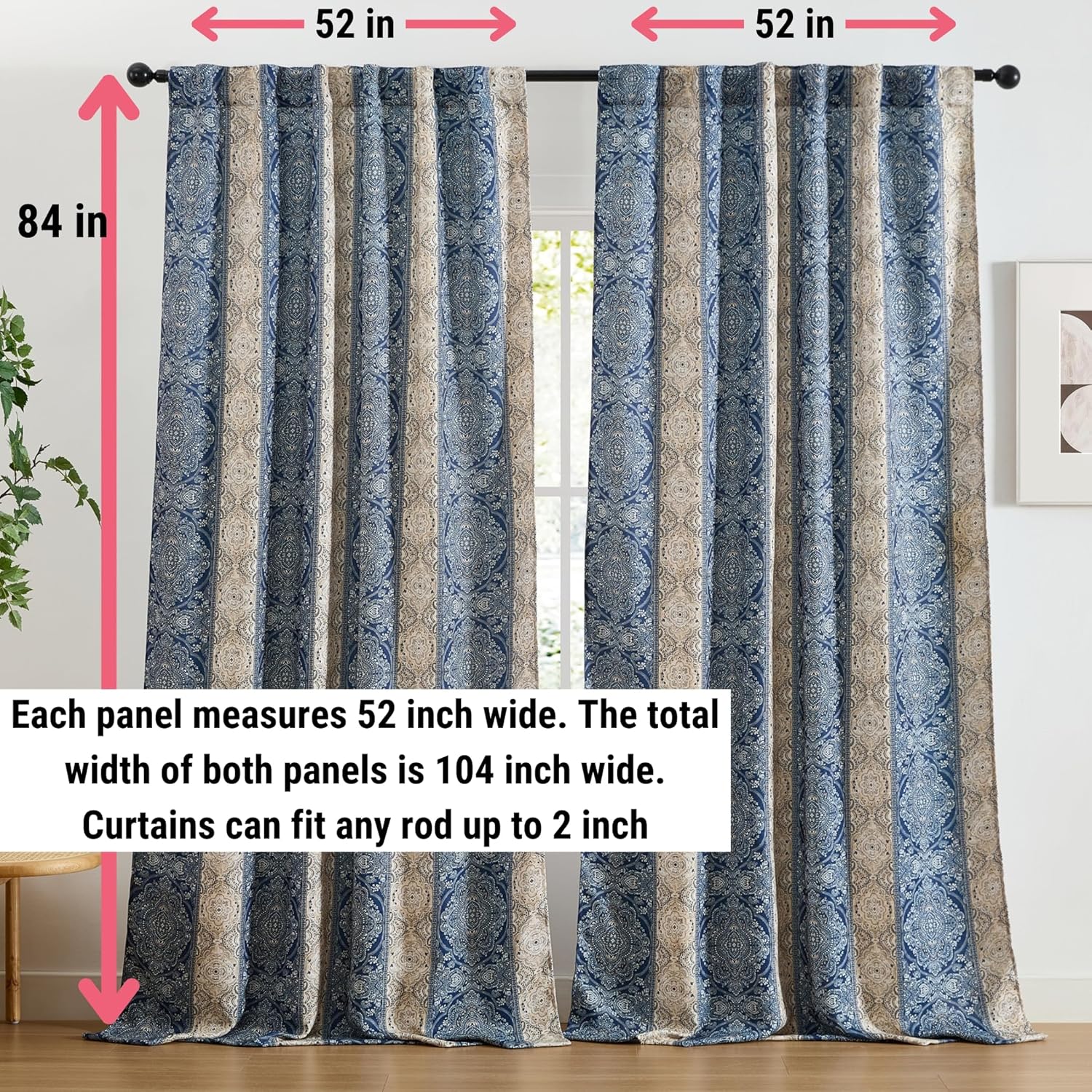 HLC.ME William Boho Damask Striped Patterned Window Back Tab Rod Pocket Print Curtains Bedroom - Light Blocking Darkening Window Panels, Set of 2 (Navy Blue, 52 W x 84 L)