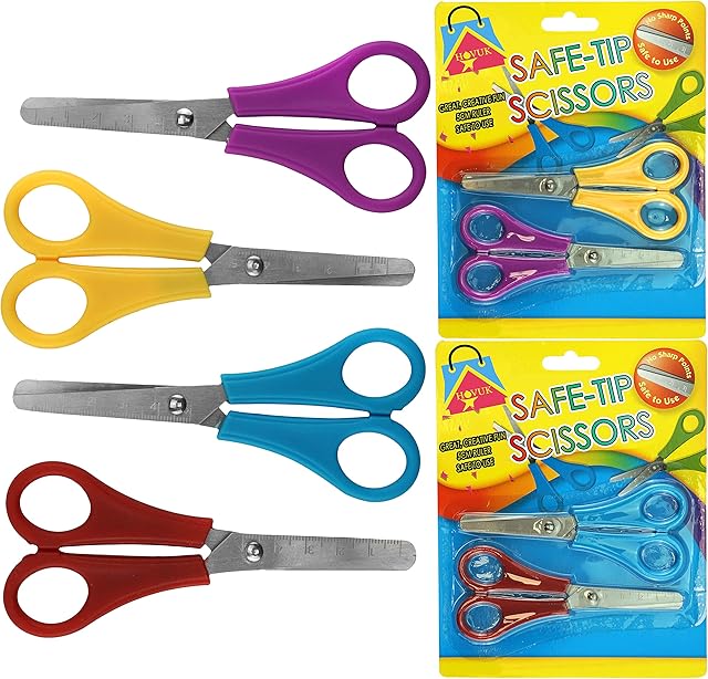 4Pcs Safe-Tip Plastic Handle Scissors Art Set for Kids, 5cm Scale Ruler Craft Scissors for Home and School Stainless Steel Blade 13cm