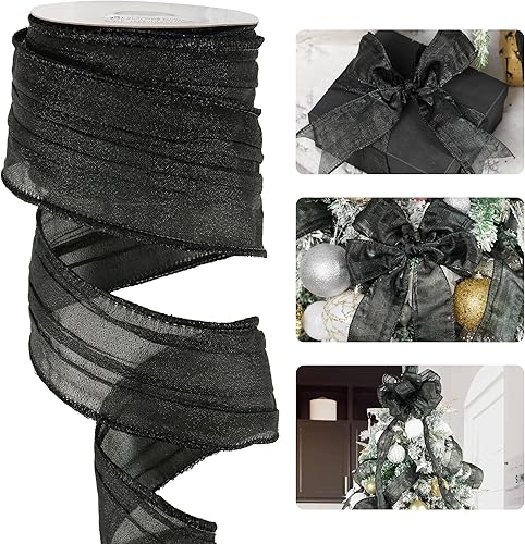 HUIHUANG Cinta negra con alambre de 2-12 pulgadas, cinta de Navidad negra arrugada metálica para hacer lazos, coronas, envoltura de regalos,