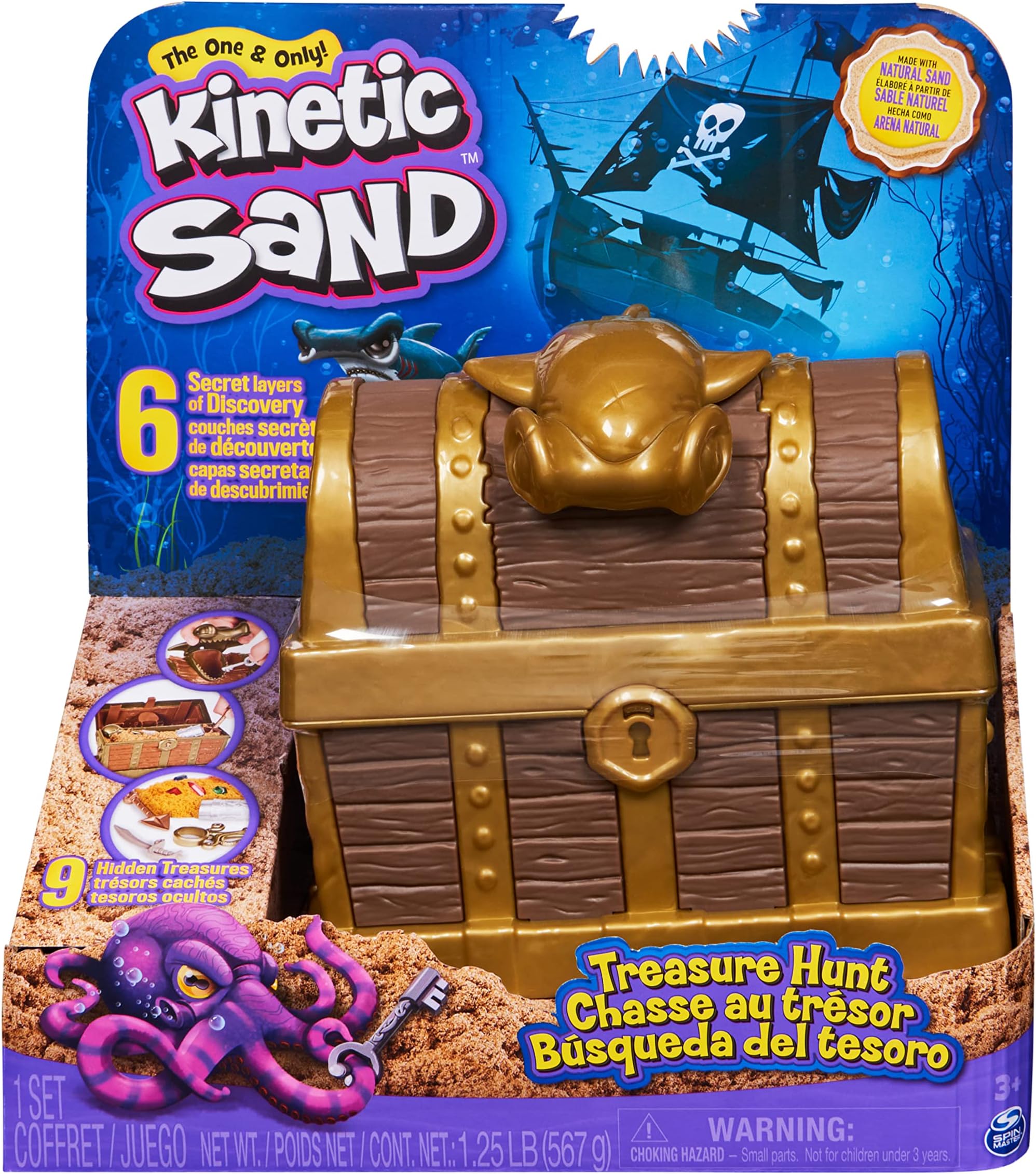 Treasure Hunt Playset with 9 Surprise Reveals, 567g Brown and Rare Shimmer Gold Play Sand, Sensory Toys for Kids Ages 3 and up
