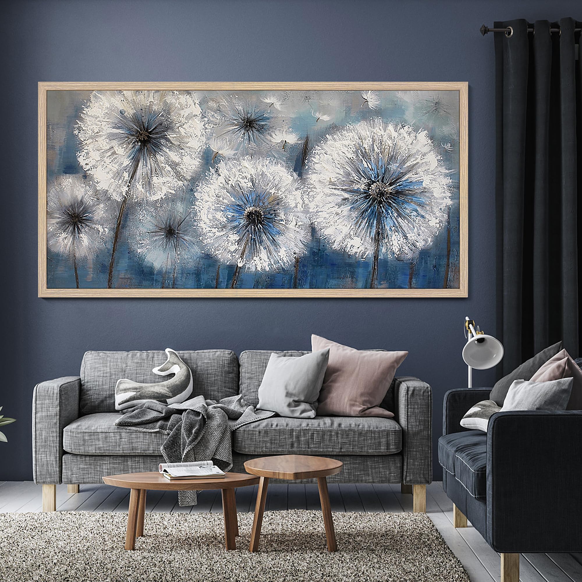 Quadro Su Tela Grande Pogusmavi, 61x122 Cm, Con Dente Di Leone Blu, Decorazione Da Parete Per Soggiorno E Camera Da Letto