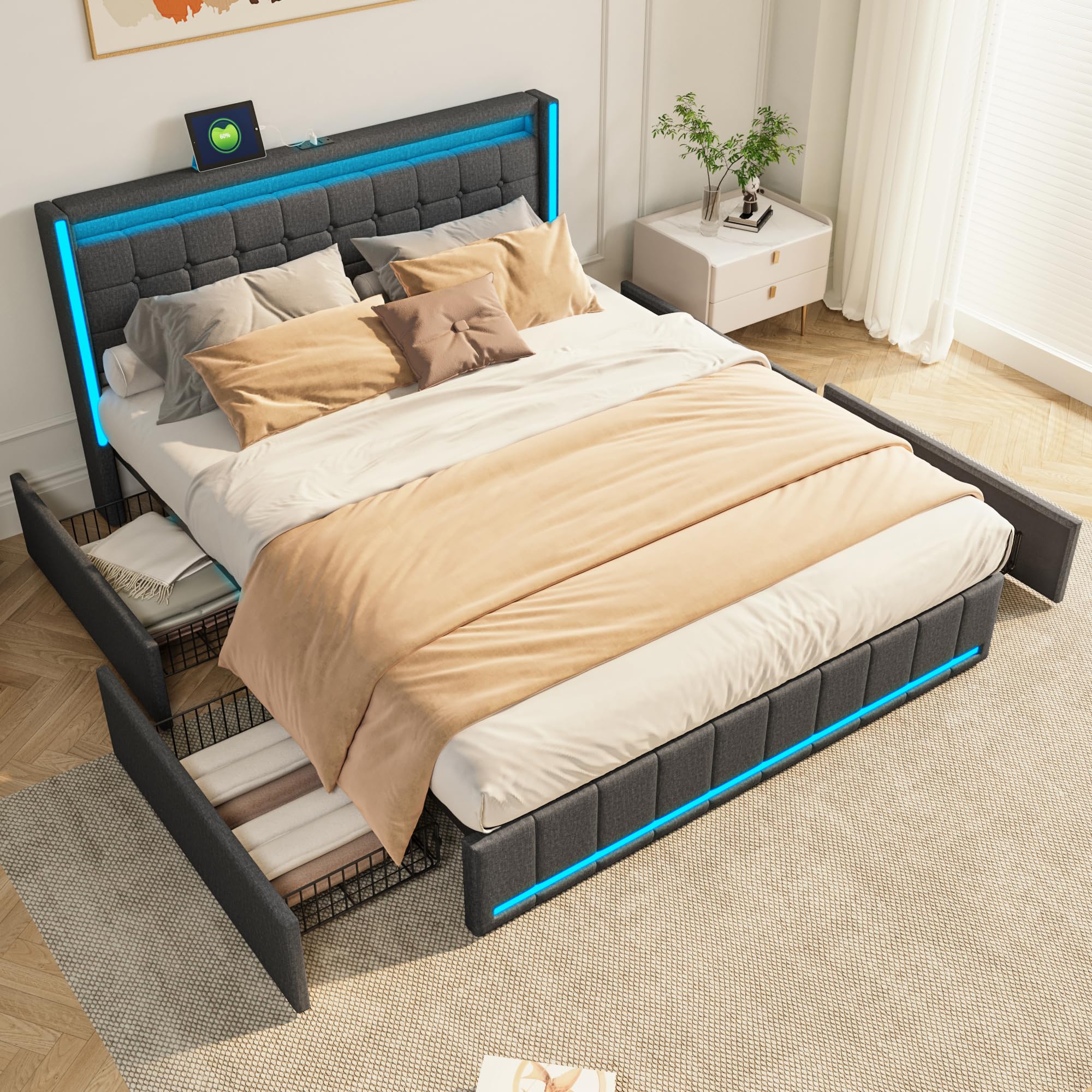 Tweepersoonsbed, 180 x 200 cm, gestoffeerd bed, 4 laden