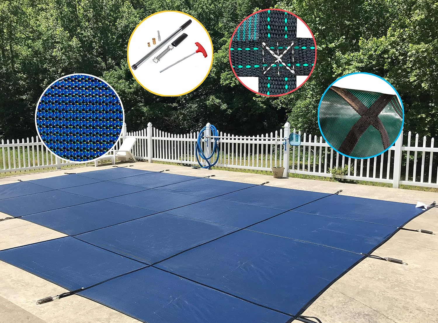 WaterWarden Premium Mesh Pool Safety Cover with detailed insets