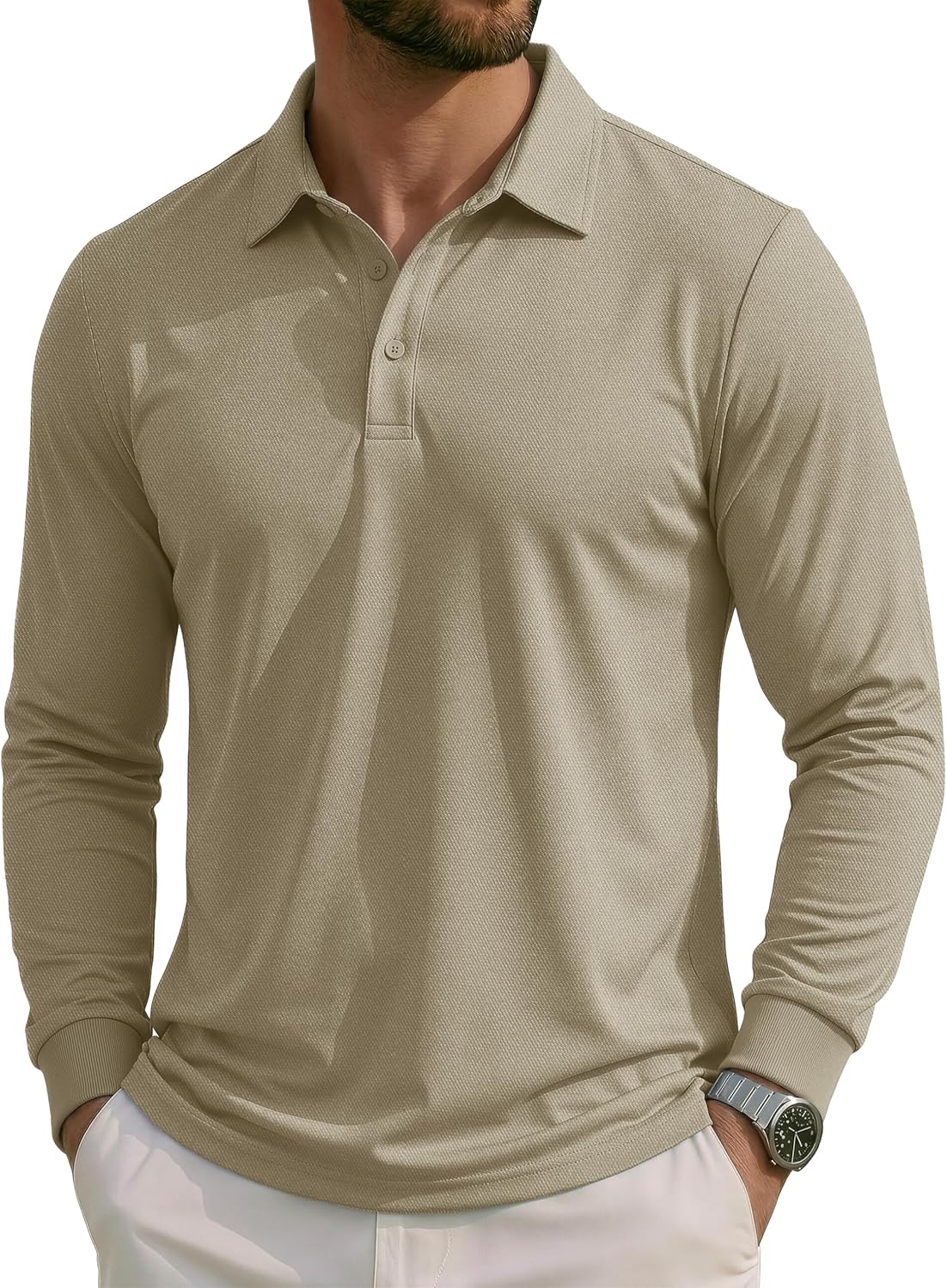 MAGCOMSEN Mens Polo Shirts Long Sleeve Casual Athletic Performance Golf Polos 3 Buttons Business Casual Collared Shirts